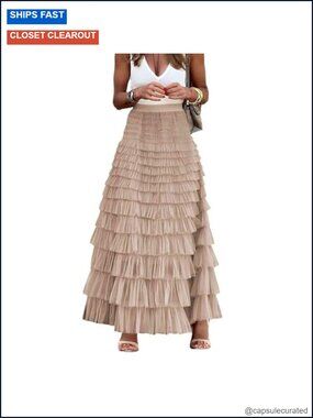100% Polyester Tulle Maxi Skirt High Waisted Ruffle A Line